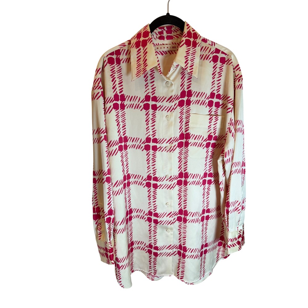 Marni x Uniqlo Pink Cream Grid Print Button Down Shirt Blouse Oversized Small